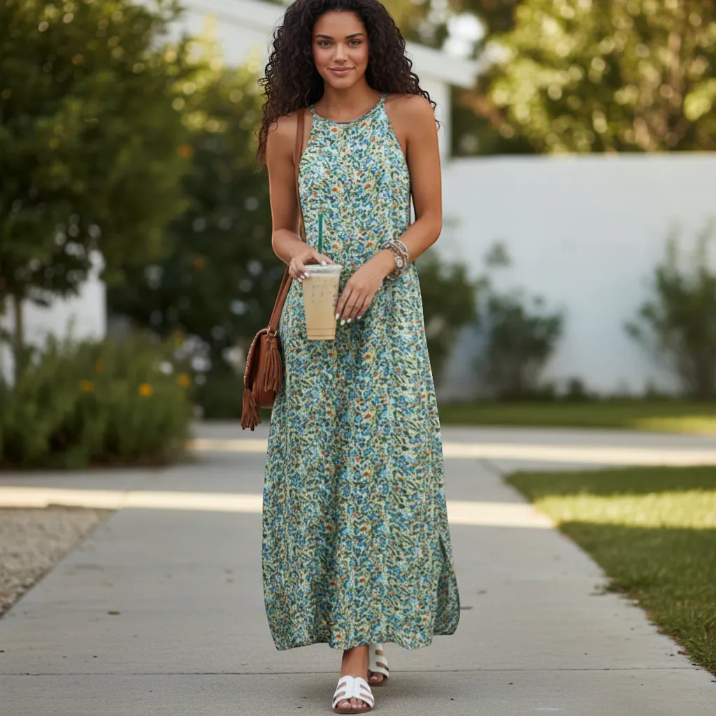 Ditsy Floral Maxi Dress - Elegant Tied-Back Summer Silhouette | LINKA STREET-Linka Street