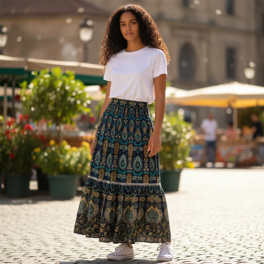 Printed Bohemian Skirt - Lightweight Cotton Rayon Flowing Maxi | LINKA STREET-Linka Street