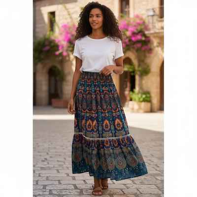 Printed Bohemian Skirt - Lightweight Cotton Rayon Flowing Maxi | LINKA STREET-Linka Street