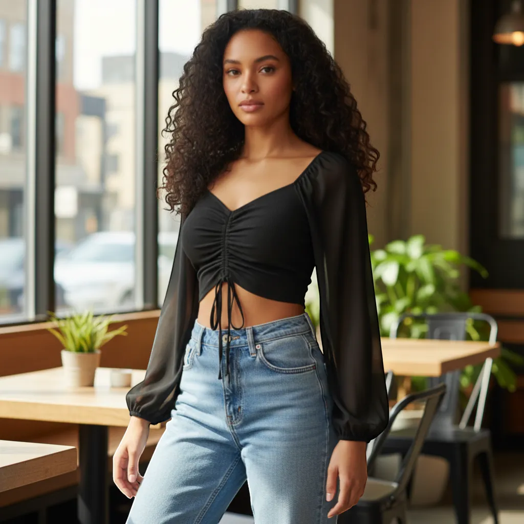 Trendy V-Neck Drawstring Crop Top - Versatile Summer Short Sleeve | LINKA STREET-Linka Street