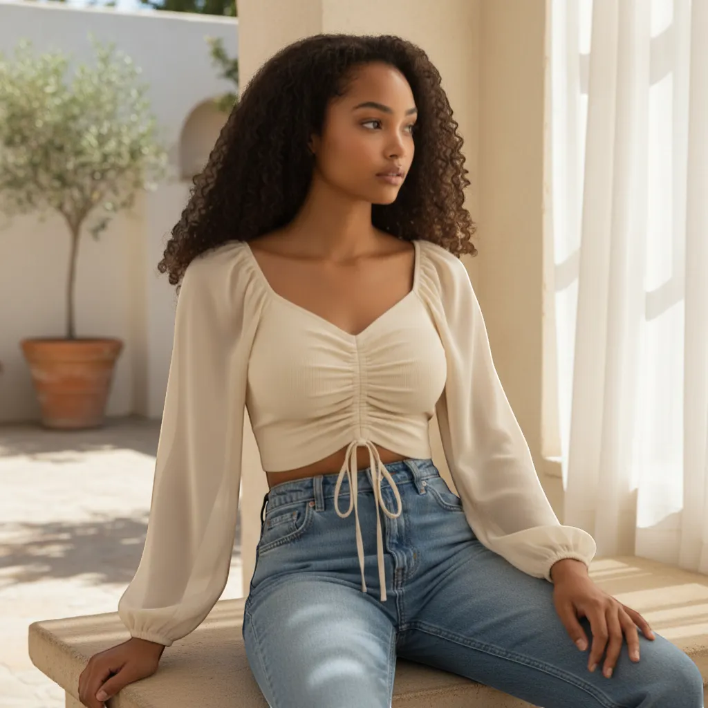 Trendy V-Neck Drawstring Crop Top - Versatile Summer Short Sleeve | LINKA STREET-Linka Street